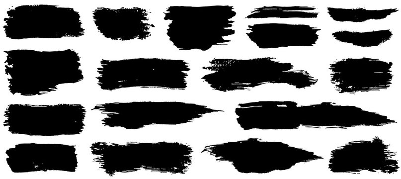 Vector collection of artistic grungy black paint hand made creative brush stroke set isolated on white background. 