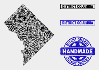 Vector handmade collage of Washington District Columbia map and unclean stamps. Mosaic Washington District Columbia map is composed of random hands. Blue stamp imprints with unclean rubber texture.