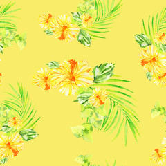 Fototapeta na wymiar Hawaiian style seamless tropical floral pattern, sunny yellow hibiscus and green palm leaves on yellow joyful background, watercolor flowers and tropical plants.