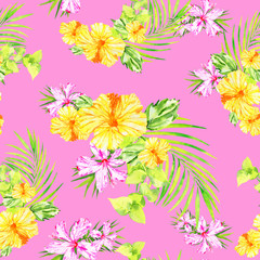 Fototapeta na wymiar delicate floral tropical seamless pattern, hibiscus flowers and palm leaves on a pink background, romantic Hawaiian bouquets, a beautiful summer print.