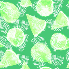 seamless tropical pattern, palm leaves and green citrus fruits, juicy green background. watercolor-painted lemons, limes, coconut palm branches.