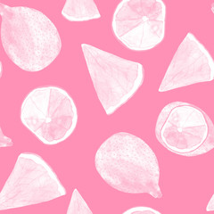 citrus seamless pattern on pale pink background, watercolor fruits, pink lemons and grapefruits