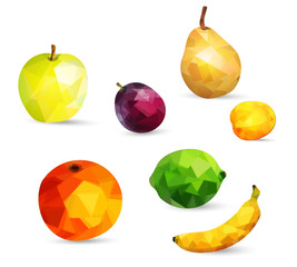 Fruits apple, lime, orange, pear, banana and plum berries and apricot in low poly style isolated on white background