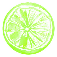 Green watercolor juicy lime slice, isolated on white.