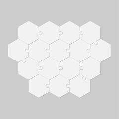 Sixteen pieces puzzle jigsaw hexagon info graphic.