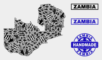 Vector handmade composition of Zambia map and rubber stamp seals. Mosaic Zambia map is designed with scattered hands. Blue stamp imprints with grunge rubber texture.