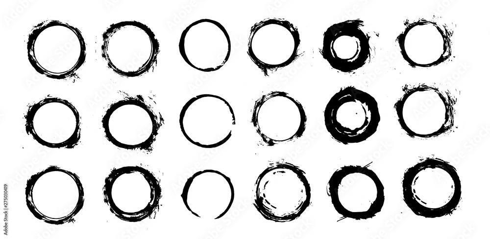 Poster Grunge circle textured set. Circle grunge design elements. Dirty ink texture splatters. Vector round shape.  Dirty ink texture splatters, design elements, blank shapes. Vector set