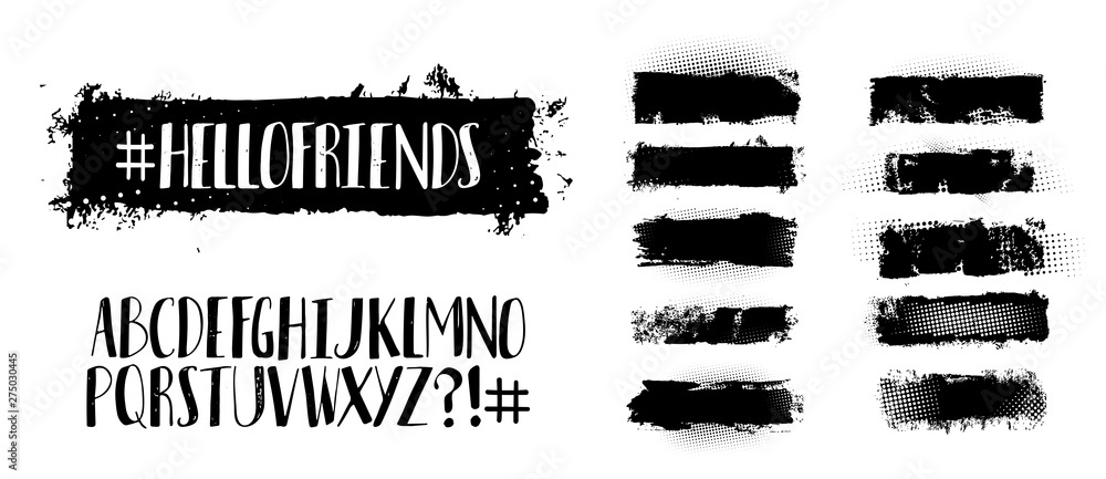 Aufkleber Black brush stroke set and handwritten alphabet. Choose a texture and write on it with a unique font. Abstract vector grunge hand - painted element. Vector set. Brush stroke and handwritten font