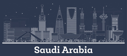 Outline Saudi Arabia City Skyline with White Buildings.