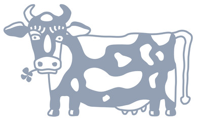 Cute cow caricature with flower side view. Cartoon style, monochrome simple sketch. Vector 
