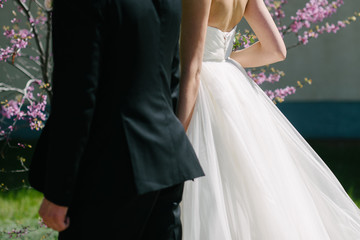 Fototapeta na wymiar The groom in a suit hugs the bride in a wedding dress