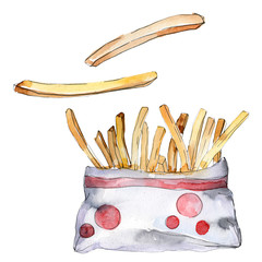 Fast food french fries tasty food. Watercolor background illustration set. solated potato illustration element.