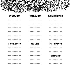 Hand drawing black and white weekly planner template. Cute doodle stationery organizer and schedule for daily plans, diary, schedules. Bullet journal style. Vector illustration.