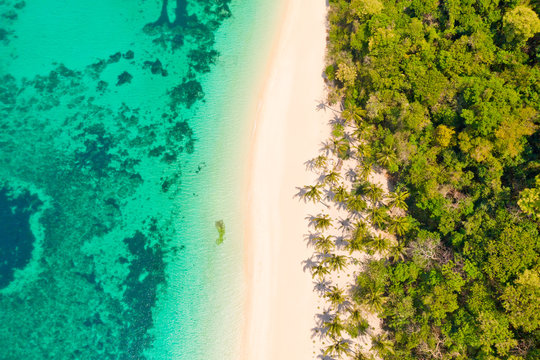 Turquoise lagoon with a coral reef and white beach. Beach with white sand and palm trees, view from above. Puka Shell Beach, Boracay Island, Philippines, aerial view. © Tatiana Nurieva