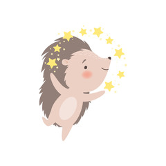 Cute Happy Hedgehog Girl in Dress Surrounded Golden Stars, Adorable Prickly Animal Cartoon Character Vector Illustration