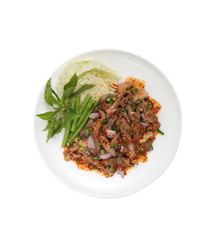thai spicy beef salad on white background