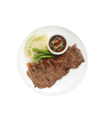 thai beef steak with spicy dip on white background