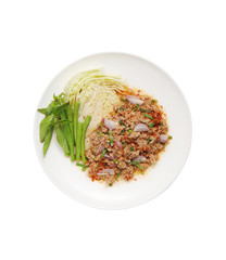 thai spicy beef salad on white background