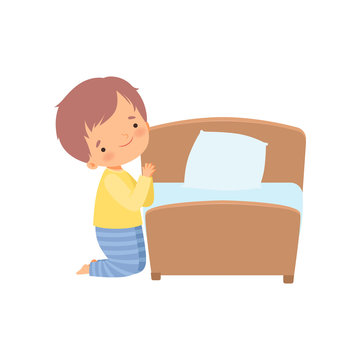 Cute Little Boy Character Praying Before Going to Bed Vector Illustration