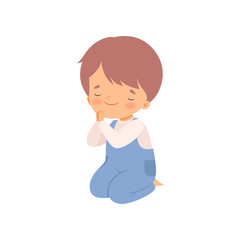 Cute Little Boy Character Praying Standing on His Knees Cartoon Vector Illustration
