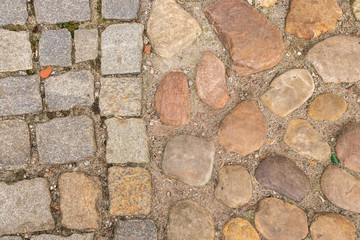 Brown Old Stone Pavement Top View or Granite Cobblestone Road