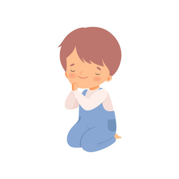 Cute Little Boy Character Praying Standing on His Knees Cartoon Vector Illustration