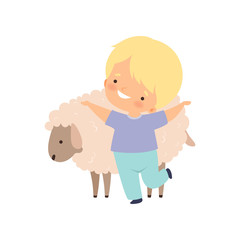 Cute Smiling Boy Hugging Sheep, Kid Interacting with Animal in Contact Zoo Cartoon Vector Illustration