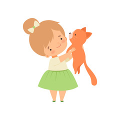 Adorable Girl Holding Cute Cat, Kid Interacting with Animal in Contact Zoo Cartoon Vector Illustration