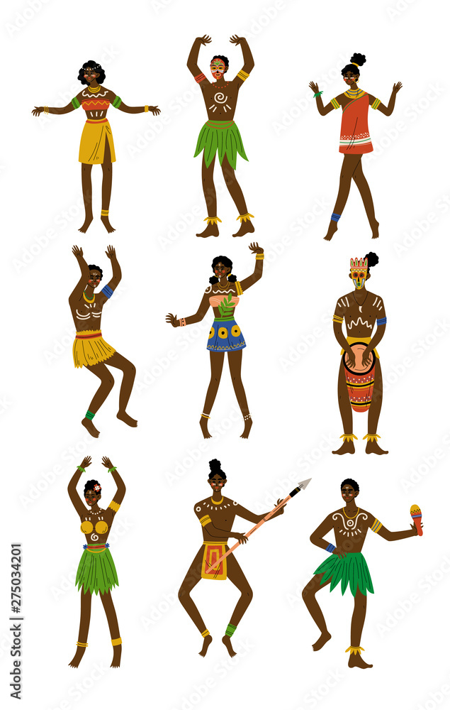 Sticker African People Set, Male and Female Aboriginal with Painted Faces Dressed in Bright Traditional Tribal Clothing and Ethnic Jewelry Vector Illustration