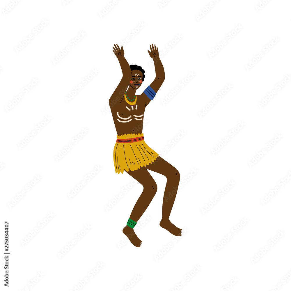 Sticker dancing african man, male aboriginal dressed in bright traditional ethnic clothing vector illustrati