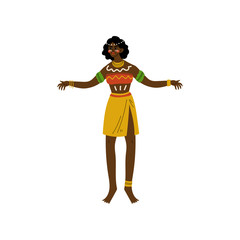 Dancing African Woman, Aboriginal Girl Dressed in Bright Traditional Tribal Clothing and Ethnic Jewelry Vector Illustration