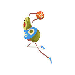 Avocado Basketball Player, Funny Exotic Fruit Athlete Cartoon Character Doing Sports Vector Illustration