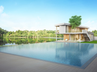 Luxury house with lake view swimming pool and terrace in modern design. Empty wooden floor deck at vacation home or hotel. 3d illustration of contemporary holiday villa exterior.