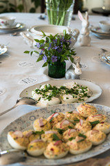 Boiled stuffed eggs, tasty appetizers.