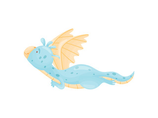 Cute dragon lies and looks up. Vector illustration on white background.