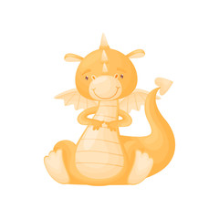 Cute orange dragon sits. Vector illustration on white background.