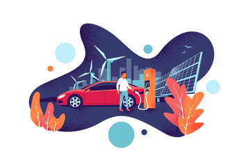 Man is charging electric car is on renewable power station generation. Solar panels and wind turbine fuel plant with city skyline in the background. Modern fluid shape noise grain vector illustration.