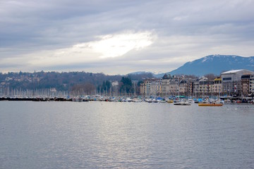 Boats and yachts are in the Bay of the river