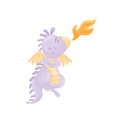 Lilac dragon spews flames. Vector illustration on white background.