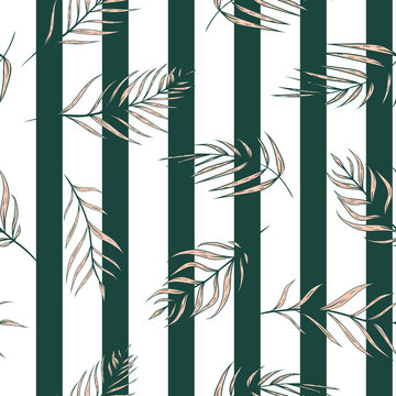 Vector Pink Tropical Palm Leaves on Stripes seamless pattern background. Perfect for fabric, scrapbooking and wallpaper projects. © Aga Bell