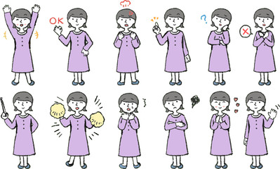 Illustration of a Woman wearing a purple dress face and pose set