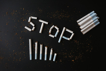 Broken cigarettes. Dangerous habit. Harmful for health. Stop smoking sign.