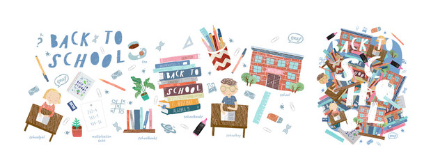 Back to school! Cute vector illustrations for a poster, banner or card with objects: background with text, school, desk with lessons, stationery, books, textbooks, pen, ruler, © Ardea-studio