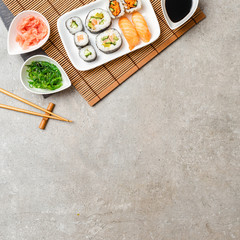 Sushi set with algae salad, soy sauce and ginger