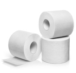 Three rolls of white toilet paper, isolated on white background