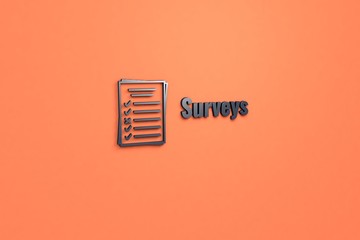 3D illustration of Surveys, dark blue color and dark blue text with light red background.