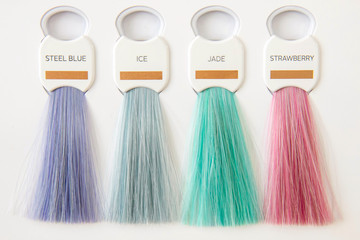 Hair palette dyed different colors. Hairstyle wig tints set for beauty industry