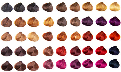 Hair palette dyed different colors. Hairstyle wig tints set for beauty industry. Isolated background