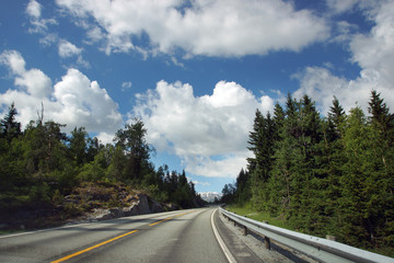 Fototapeta premium Travel to Norway, a direct asphalt road goes through the forest under a beautiful cloudy sky