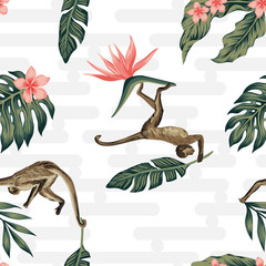 Tropical composition monkey palm leaves seamless geometric background © berry2046